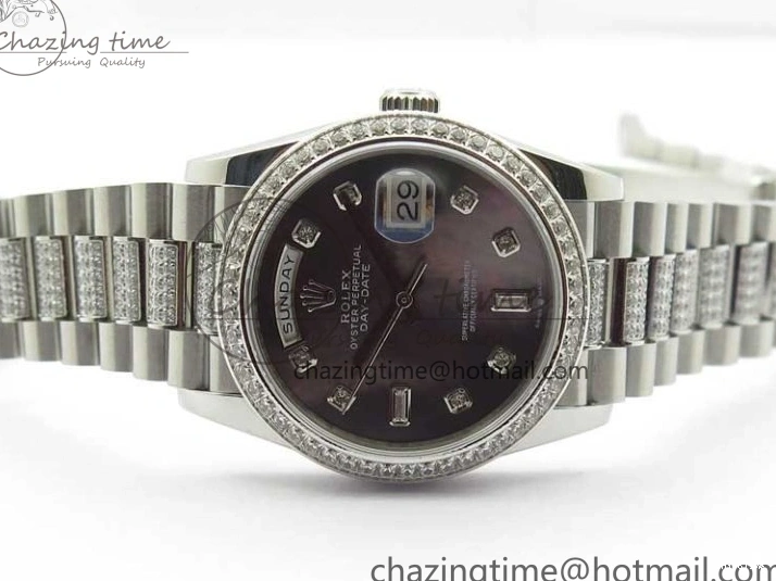 MiroTime 0309 SmoothTexture Day-Date 36mm 128239 SS Crystal BP Best Edition Black MOP Crystal Marker Dial on SS President Bracelet A 2681